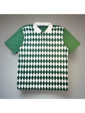 PAPILLONS Green White Diamond Print Polo Shirt Adult XL Golf Casual -797
